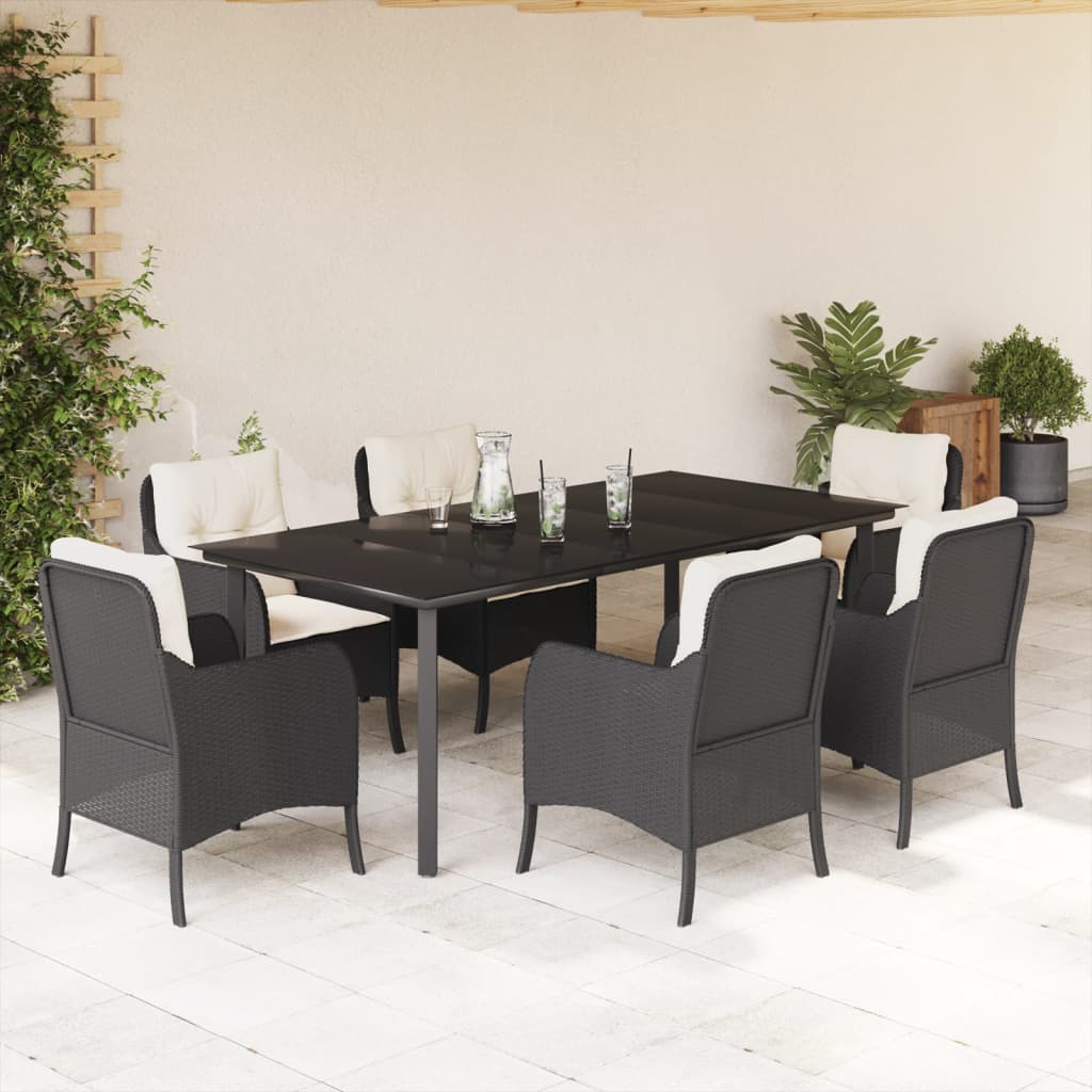 JUNG Vida 7-tlg. Garten-Essgruppe mit Kissen Schwarz Poly Rattan