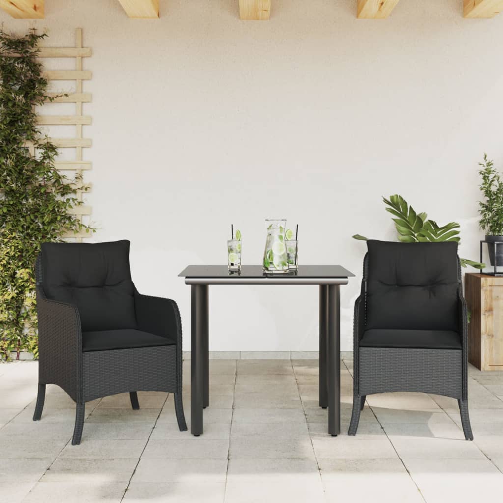 JUNG Vida 3-tlg. Garten-Essgruppe mit Kissen Schwarz Poly Rattan