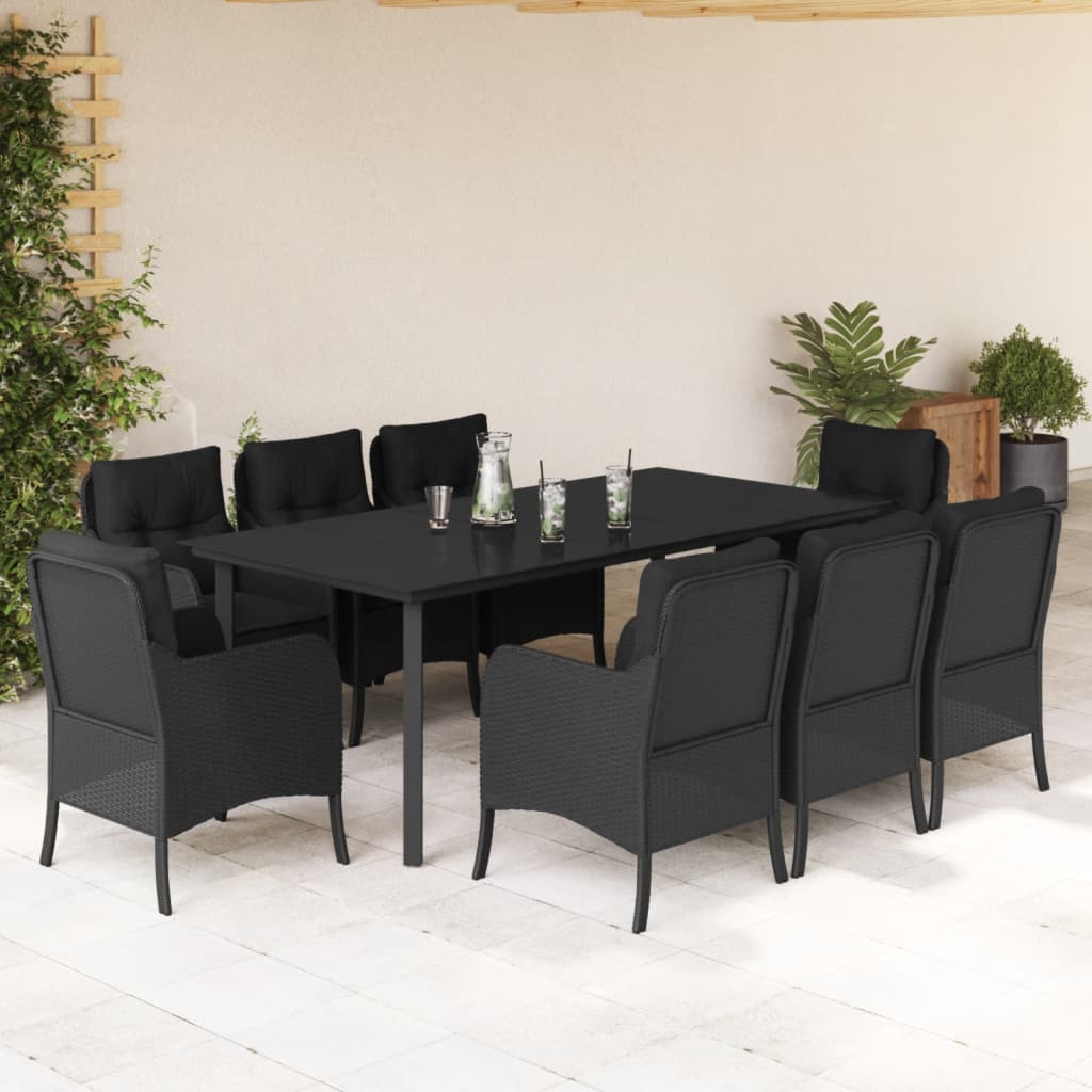 JUNG Vida 9-tlg. Garten-Essgruppe mit Kissen Schwarz Poly Rattan