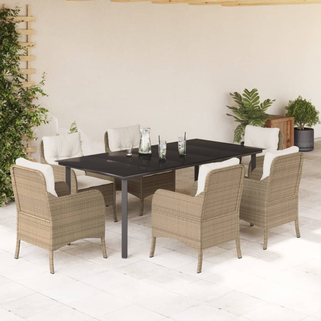 JUNG Vida 7-tlg. Garten-Essgruppe mit Kissen Beige Poly Rattan