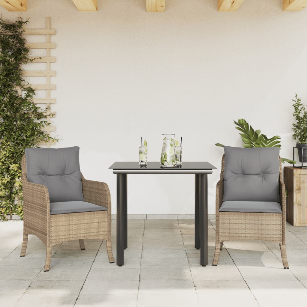 JUNG Vida 3-tlg. Garten-Essgruppe mit Kissen Beige Poly Rattan