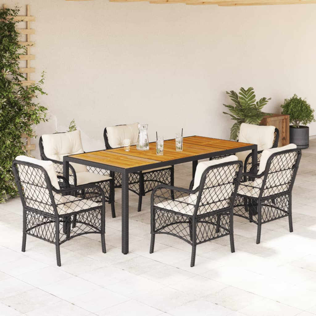 JUNG Vida 7-tlg. Garten-Essgruppe mit Kissen Schwarz Poly Rattan