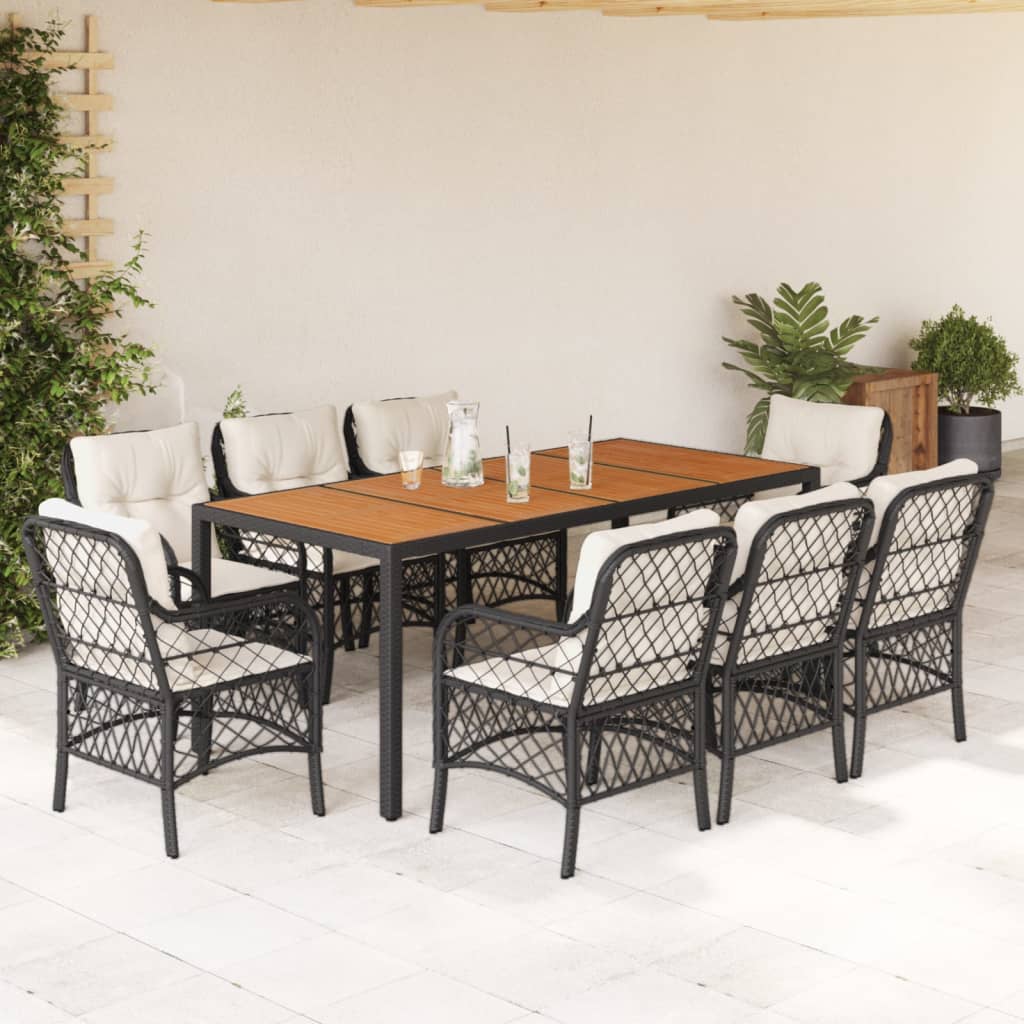 JUNG Vida 9-tlg. Garten-Essgruppe mit Kissen Schwarz Poly Rattan