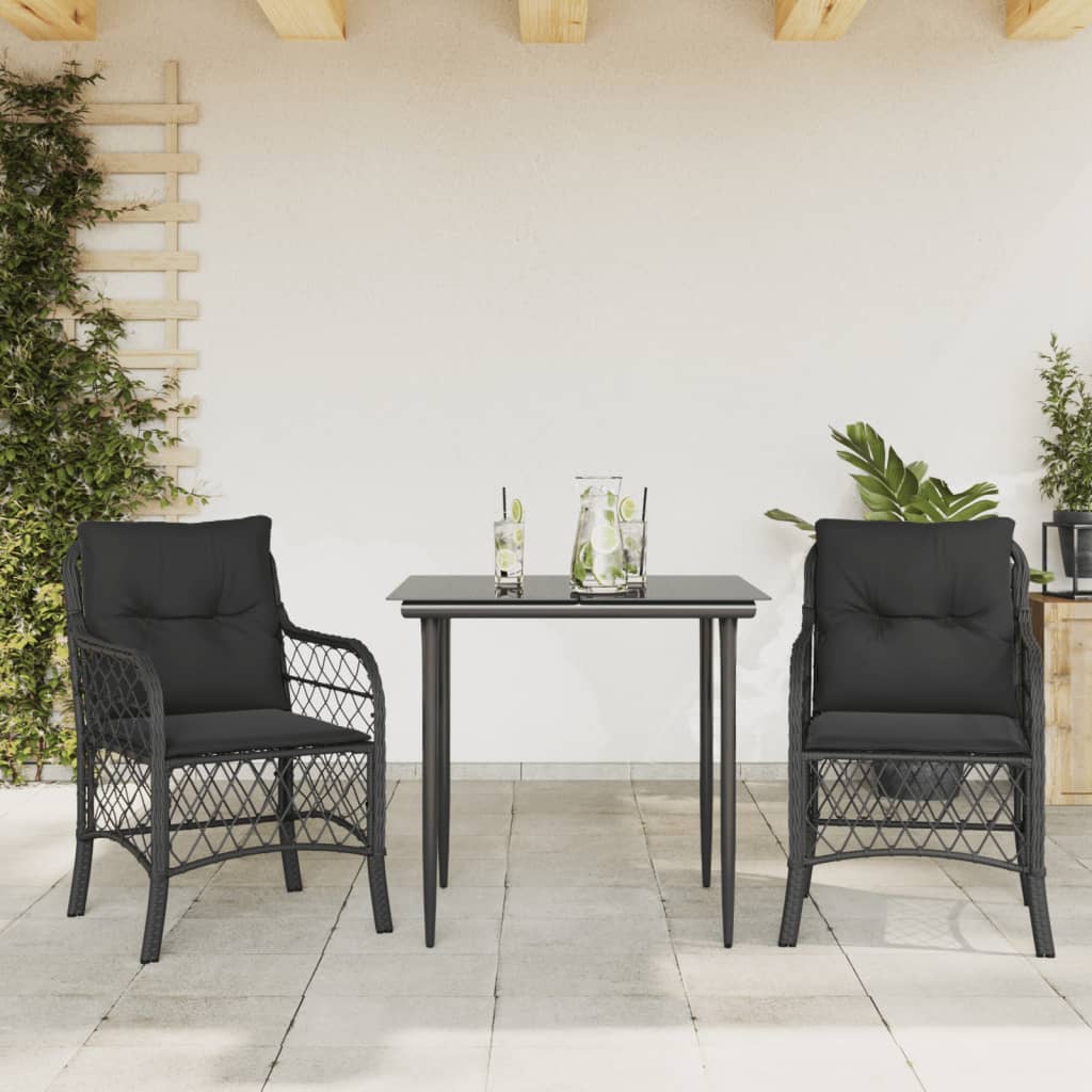 JUNG Vida 3-tlg. Bistro-Set mit Kissen Schwarz Poly Rattan