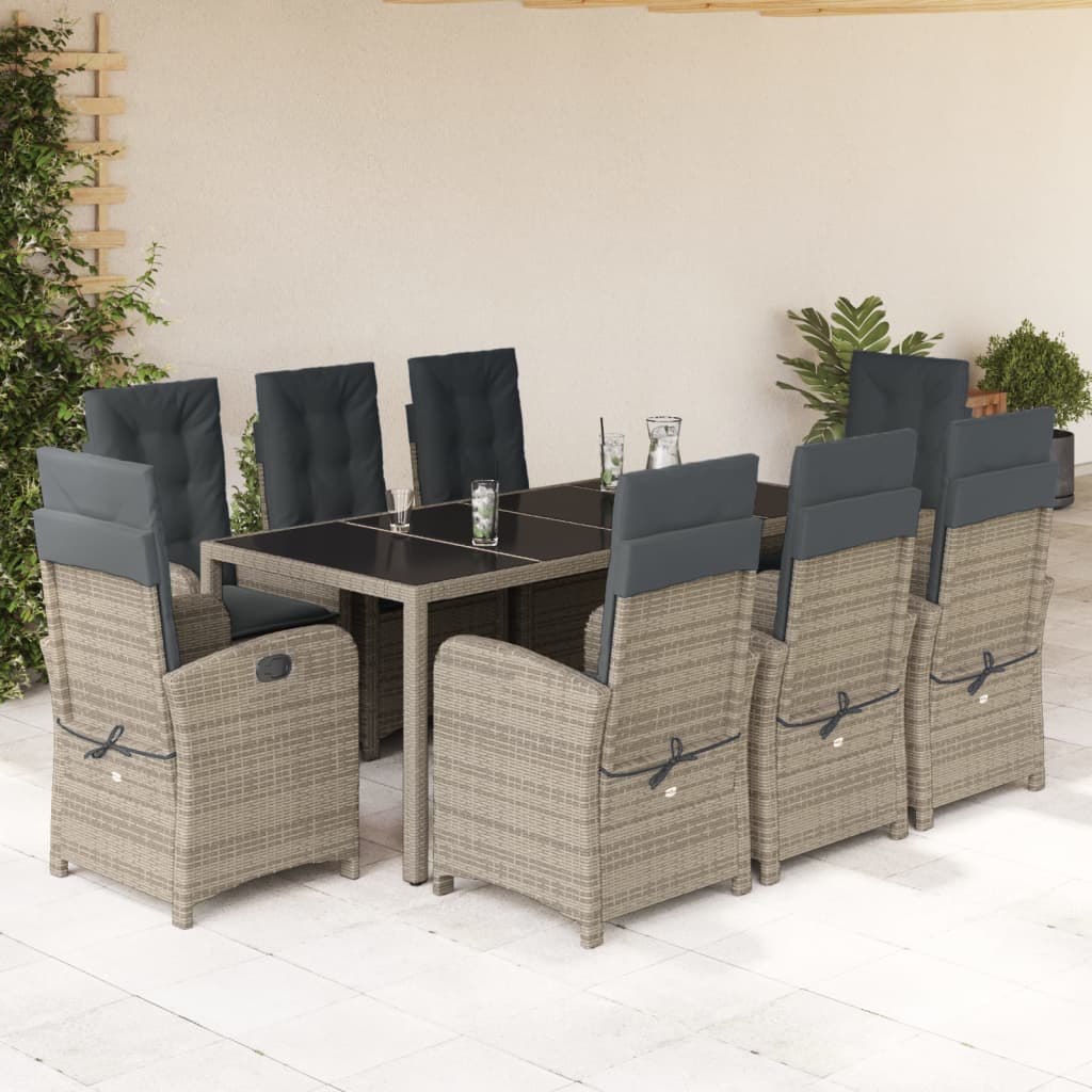 JUNG Vida 9-tlg. Garten-Essgruppe mit Kissen Grau Poly Rattan