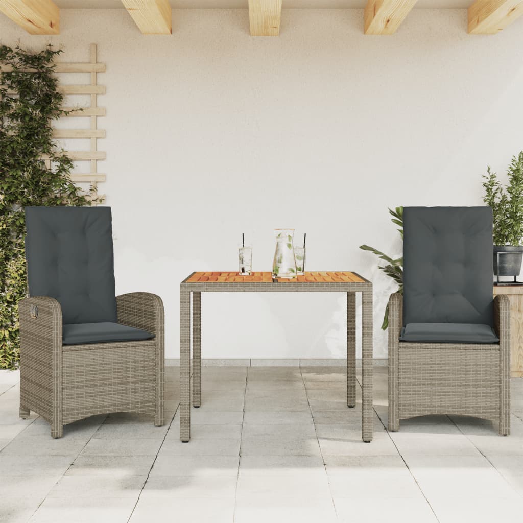 JUNG Vida 3-tlg. Garten-Essgruppe mit Kissen Grau Poly Rattan