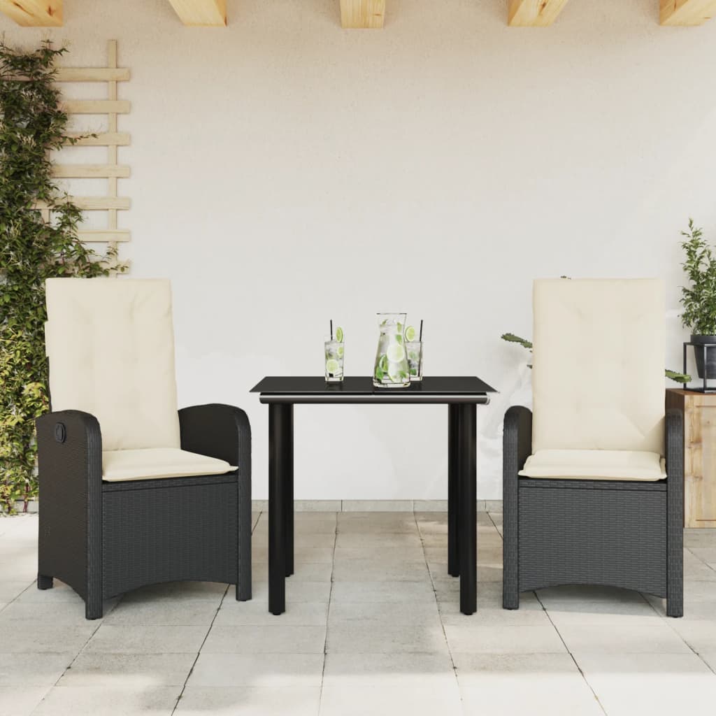 JUNG Vida 3-tlg. Garten-Essgruppe mit Kissen Schwarz Poly Rattan