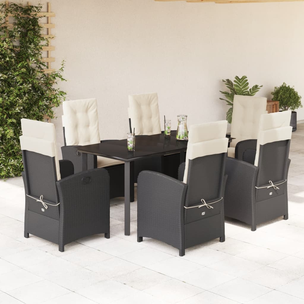 JUNG Vida 7-tlg. Garten-Essgruppe mit Kissen Schwarz Poly Rattan