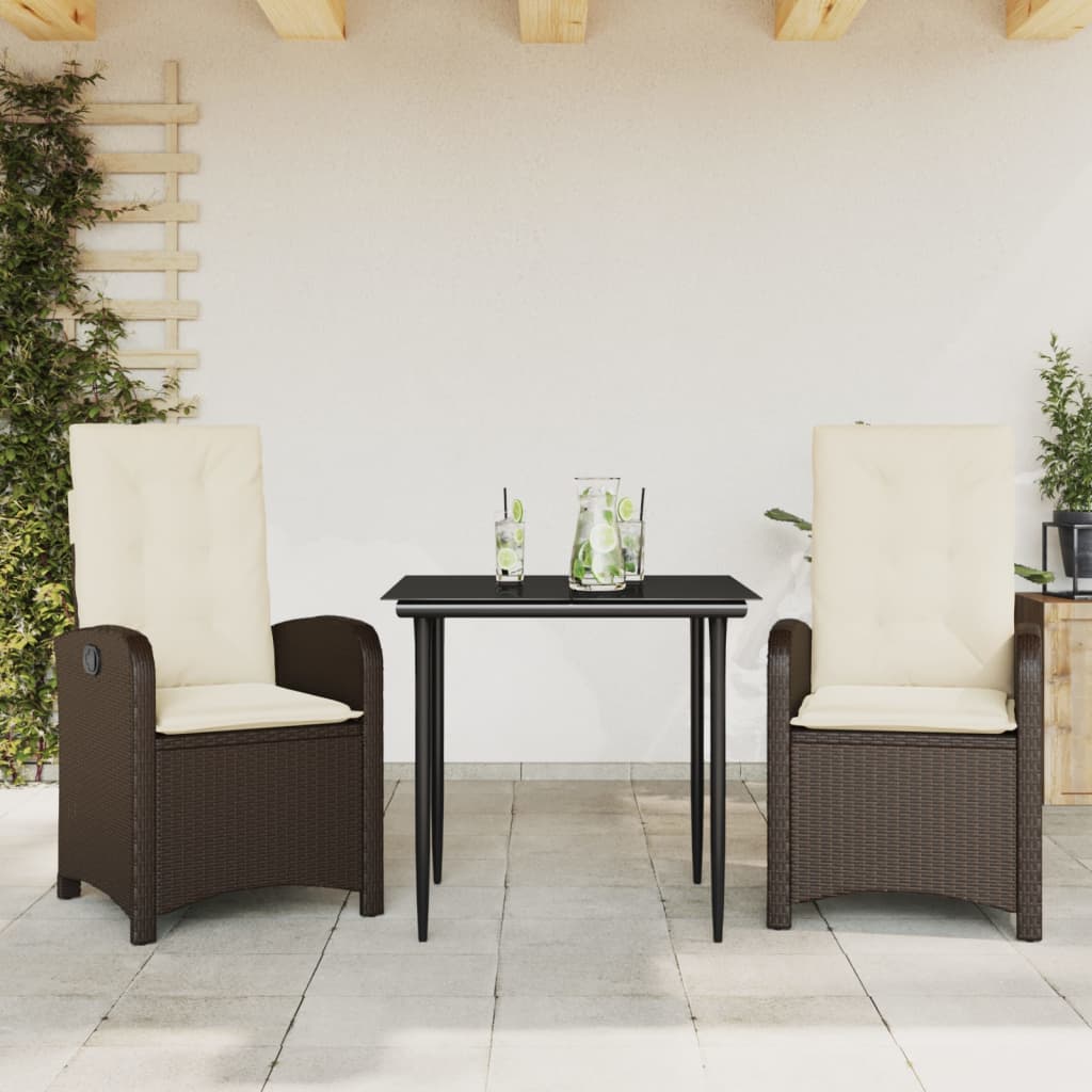 JUNG Vida 3-tlg. Garten-Essgruppe mit Kissen Braun Poly Rattan