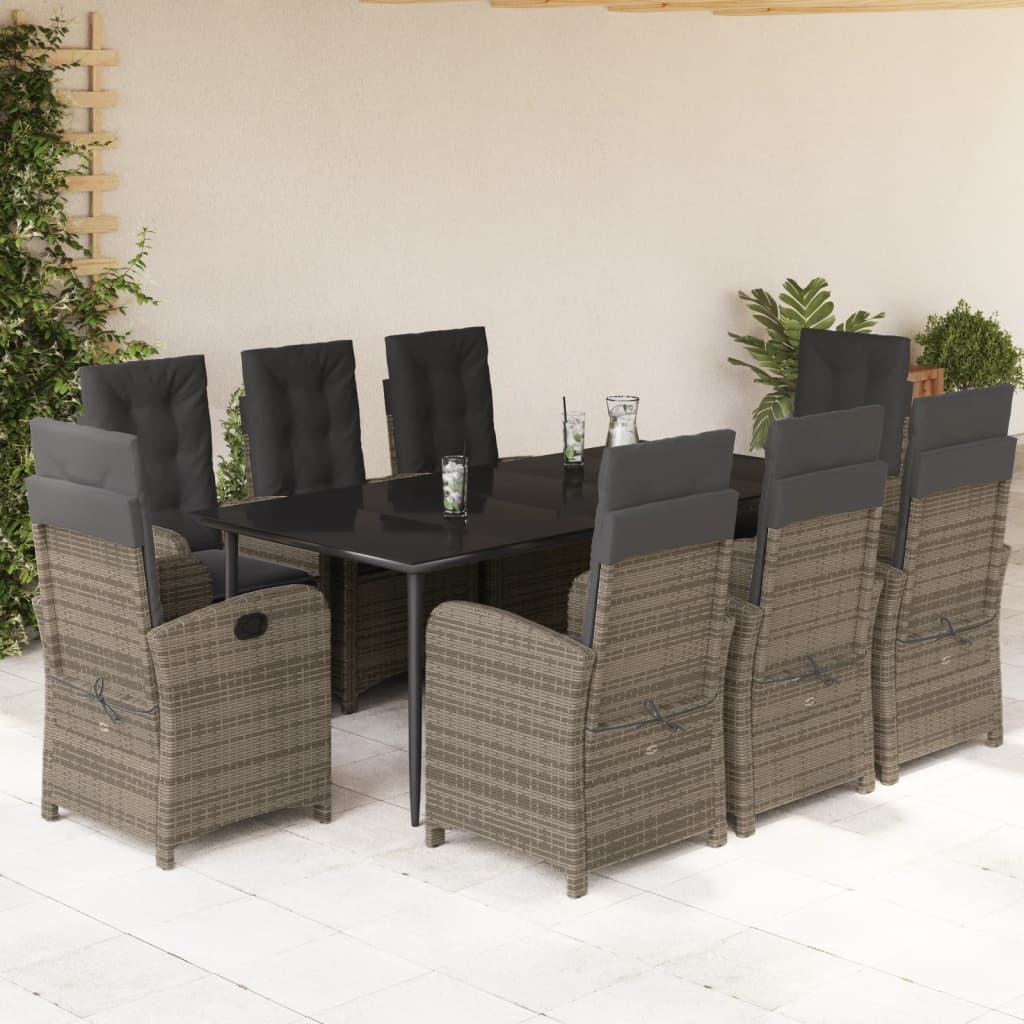 JUNG Vida 9-tlg. Garten-Essgruppe mit Kissen Grau Poly Rattan