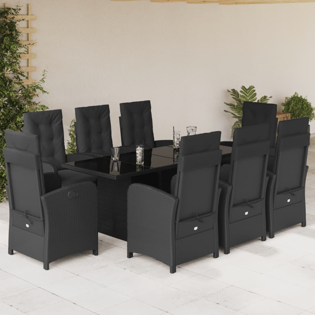 JUNG Vida 9-tlg. Garten-Essgruppe mit Kissen Schwarz Poly Rattan