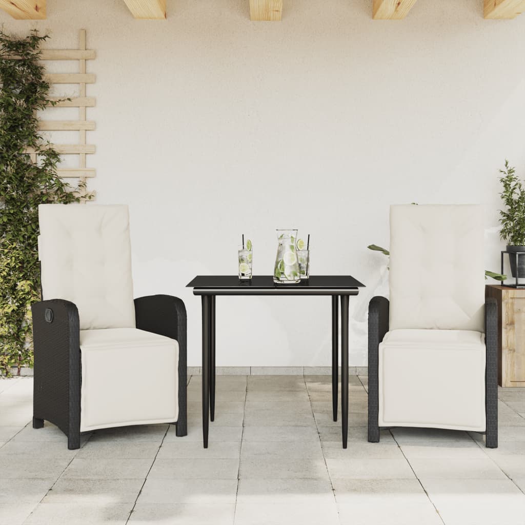 JUNG Vida 3-tlg. Bistro-Set mit Kissen Schwarz Poly Rattan