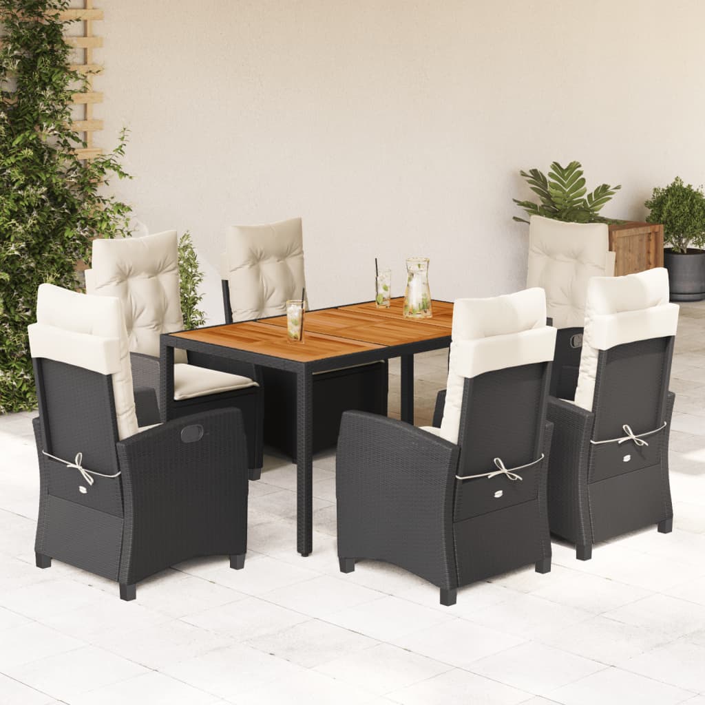 JUNG Vida 7-tlg. Garten-Essgruppe mit Kissen Schwarz Poly Rattan