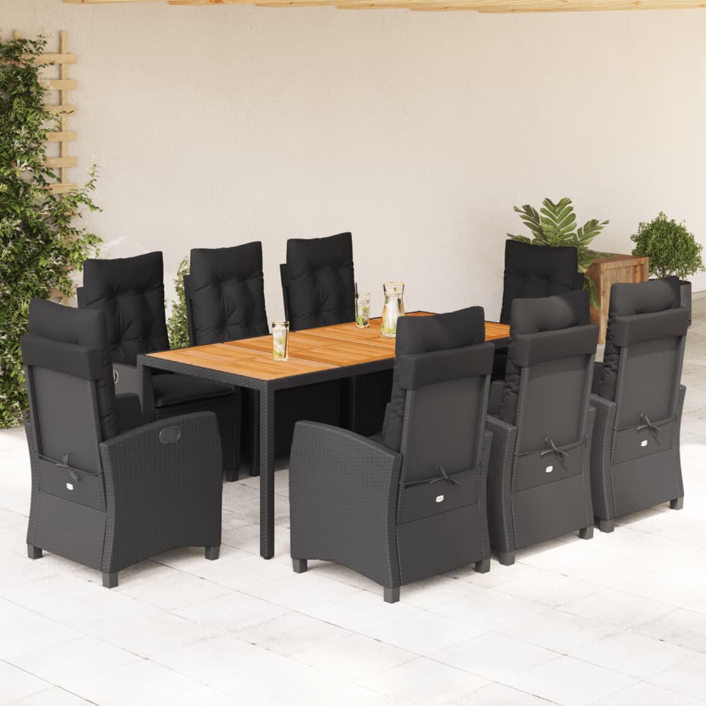 JUNG Vida 9-tlg. Garten-Essgruppe mit Kissen Schwarz Poly Rattan