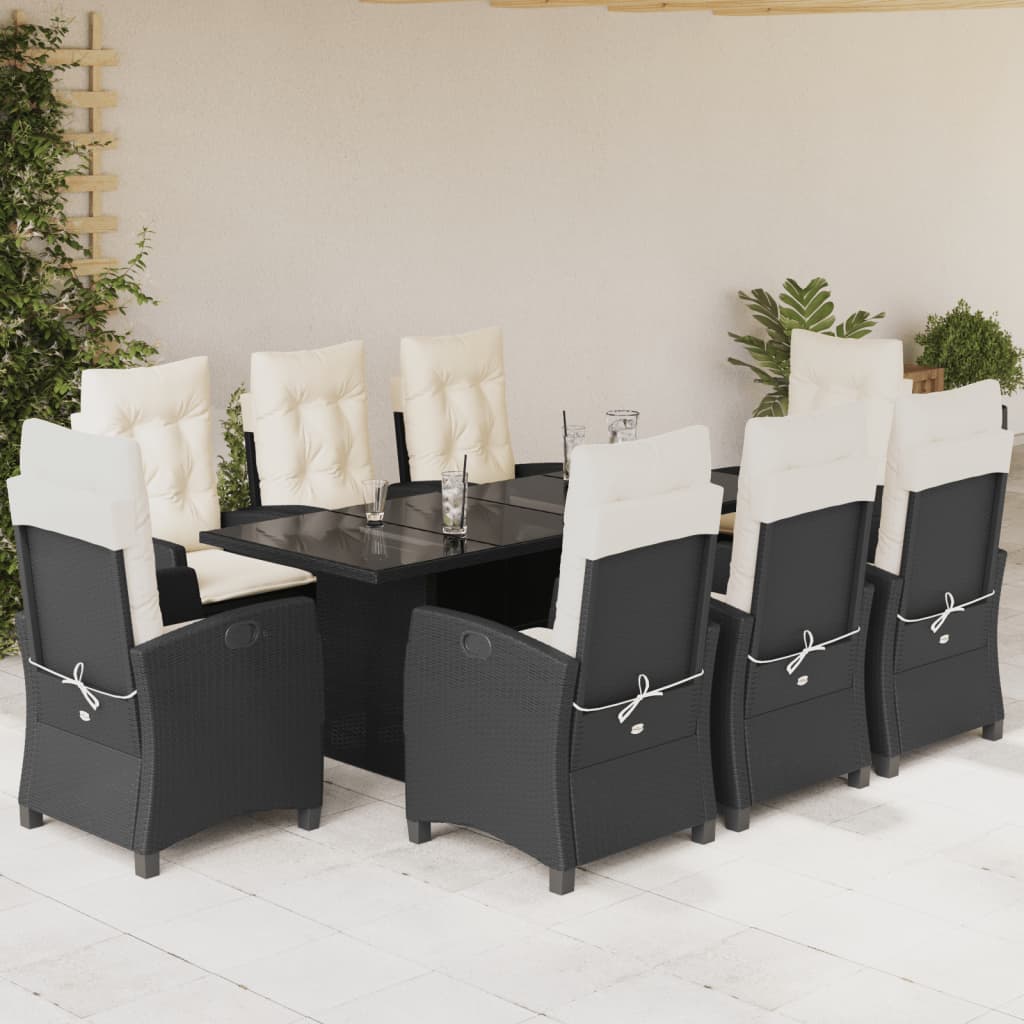JUNG Vida 9-tlg. Garten-Essgruppe mit Kissen Schwarz Poly Rattan