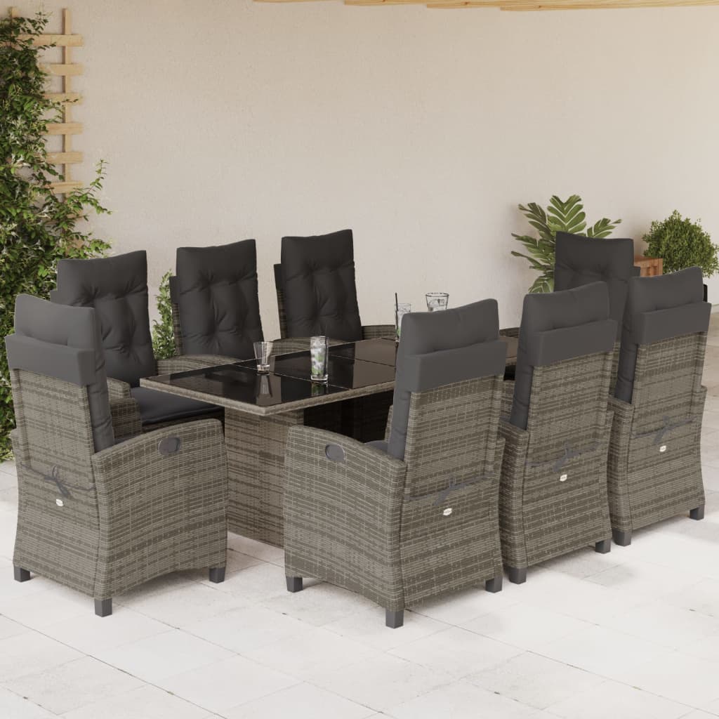 JUNG Vida 9-tlg. Garten-Essgruppe mit Kissen Grau Poly Rattan