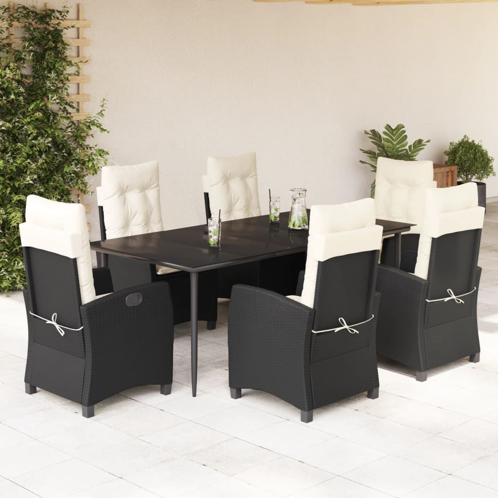 JUNG Vida 7-tlg. Garten-Essgruppe mit Kissen Schwarz Poly Rattan