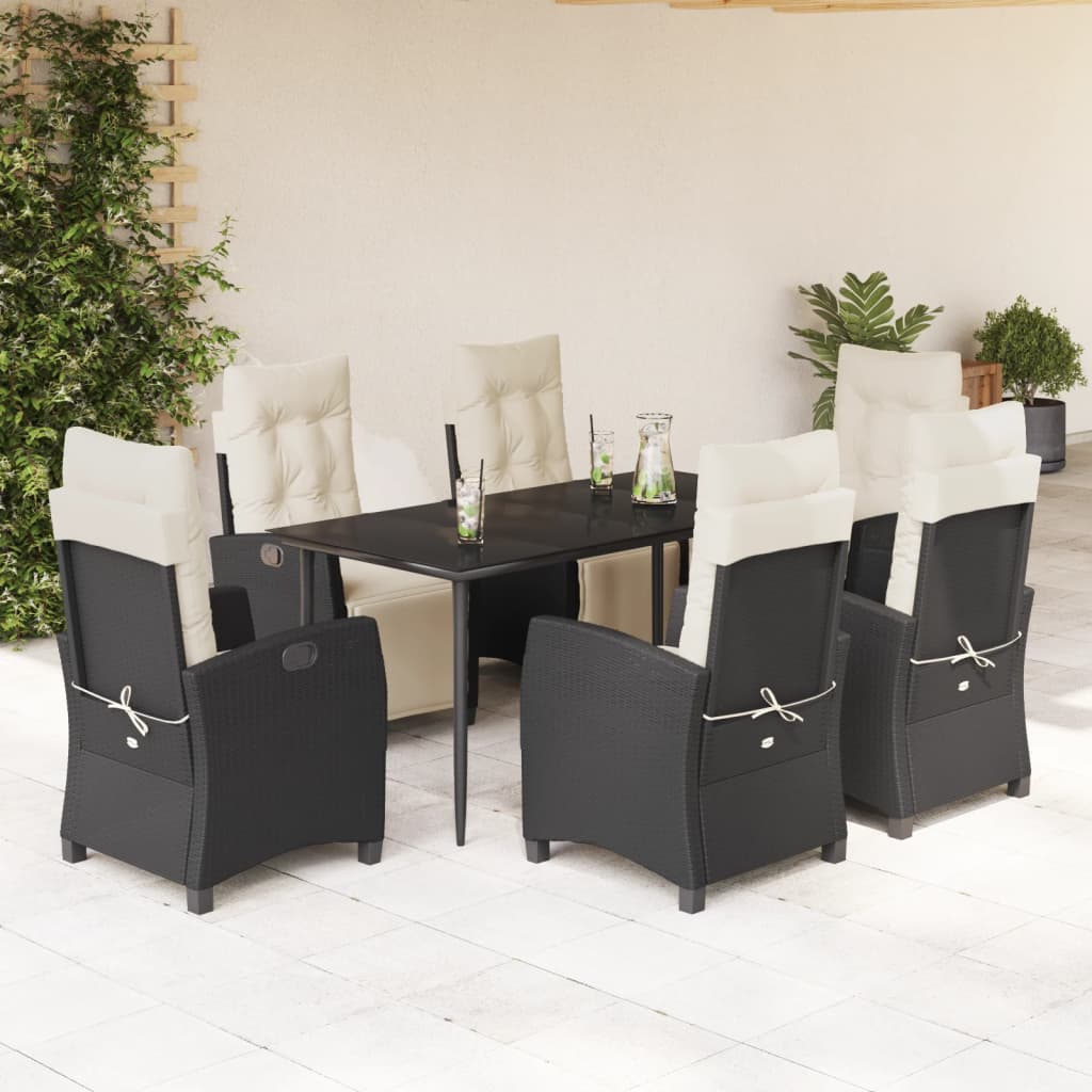 JUNG Vida 7-tlg. Garten-Essgruppe mit Kissen Schwarz Poly Rattan