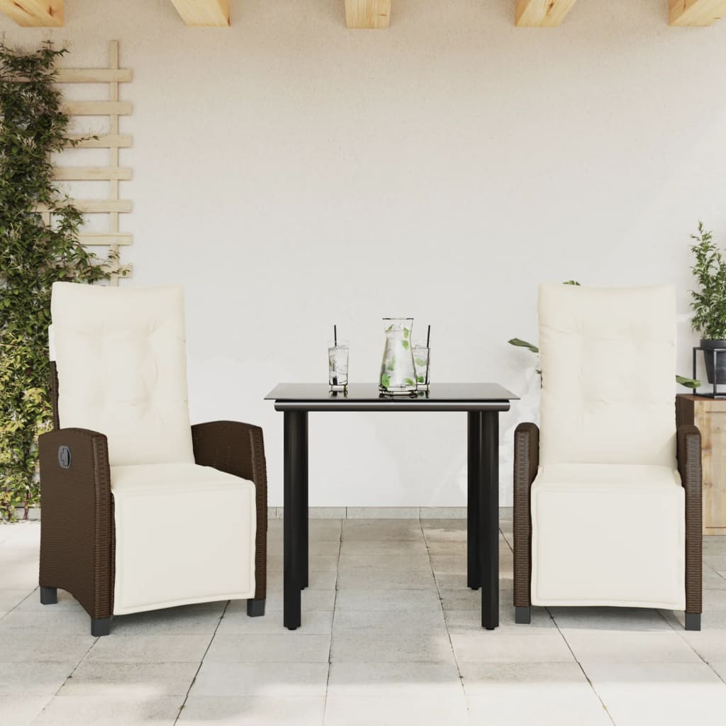 JUNG Vida 3-tlg. Garten-Essgruppe mit Kissen Braun Poly Rattan