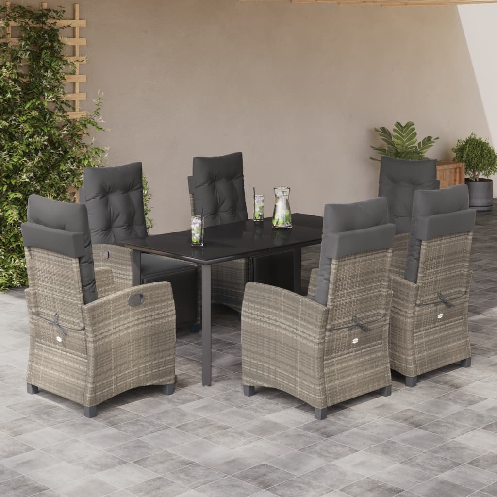 JUNG Vida 7-tlg. Garten-Essgruppe mit Kissen Hellgrau Poly Rattan