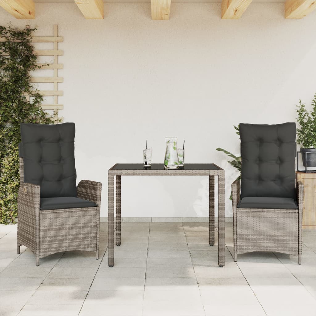 JUNG Vida 3-tlg. Garten-Essgruppe mit Kissen Grau Poly Rattan