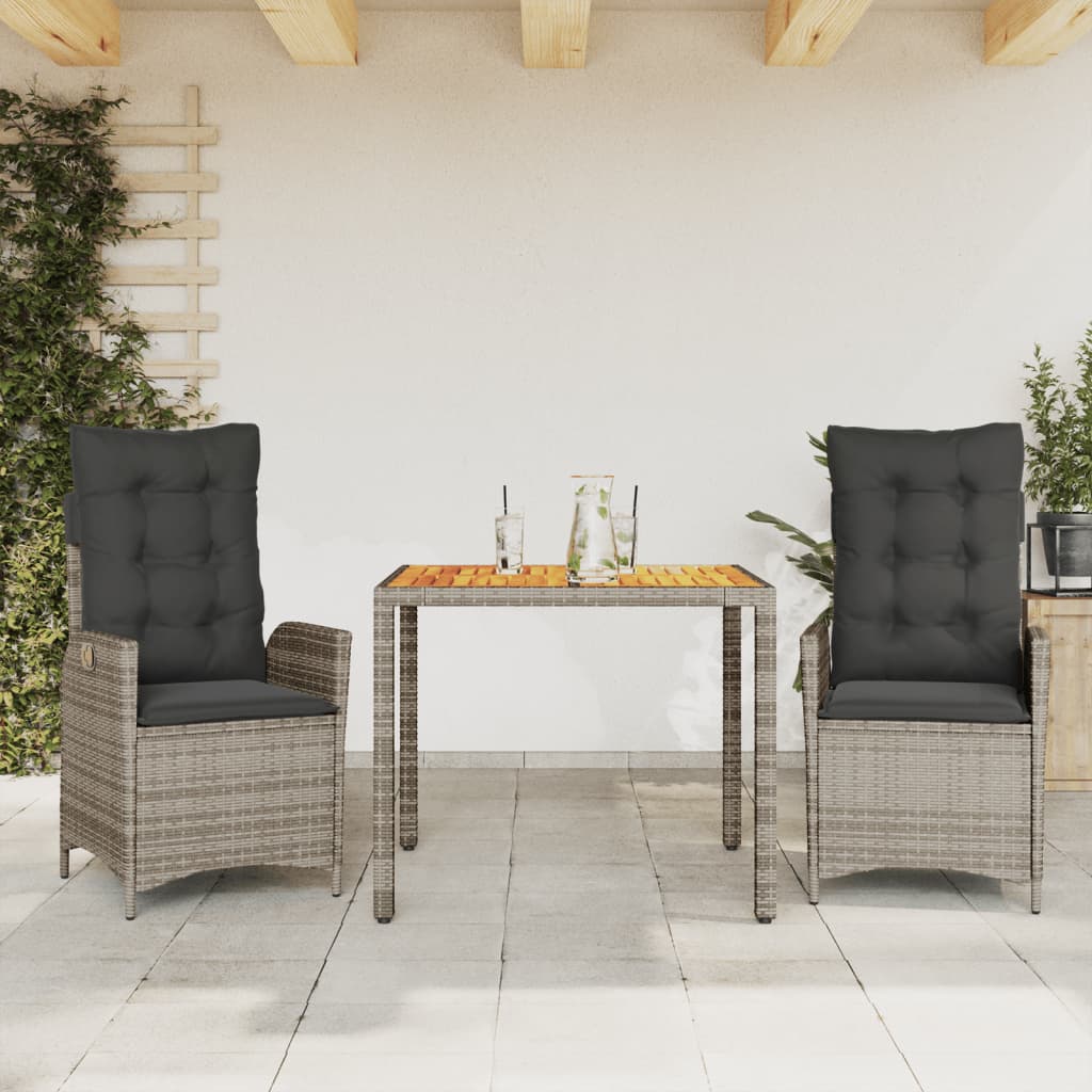 JUNG Vida 3-tlg. Garten-Essgruppe mit Kissen Grau Poly Rattan
