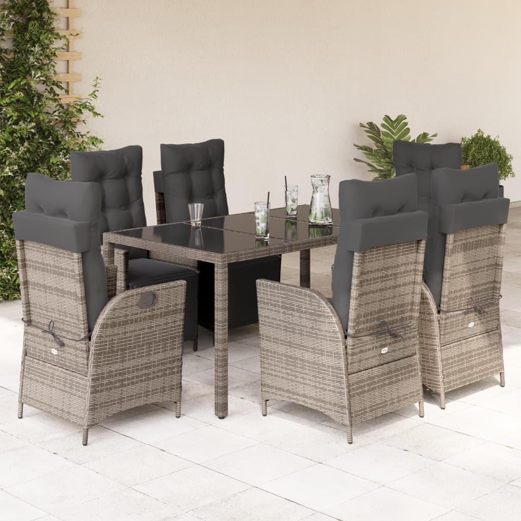 JUNG Vida 7-tlg. Garten-Essgruppe mit Kissen Grau Poly Rattan