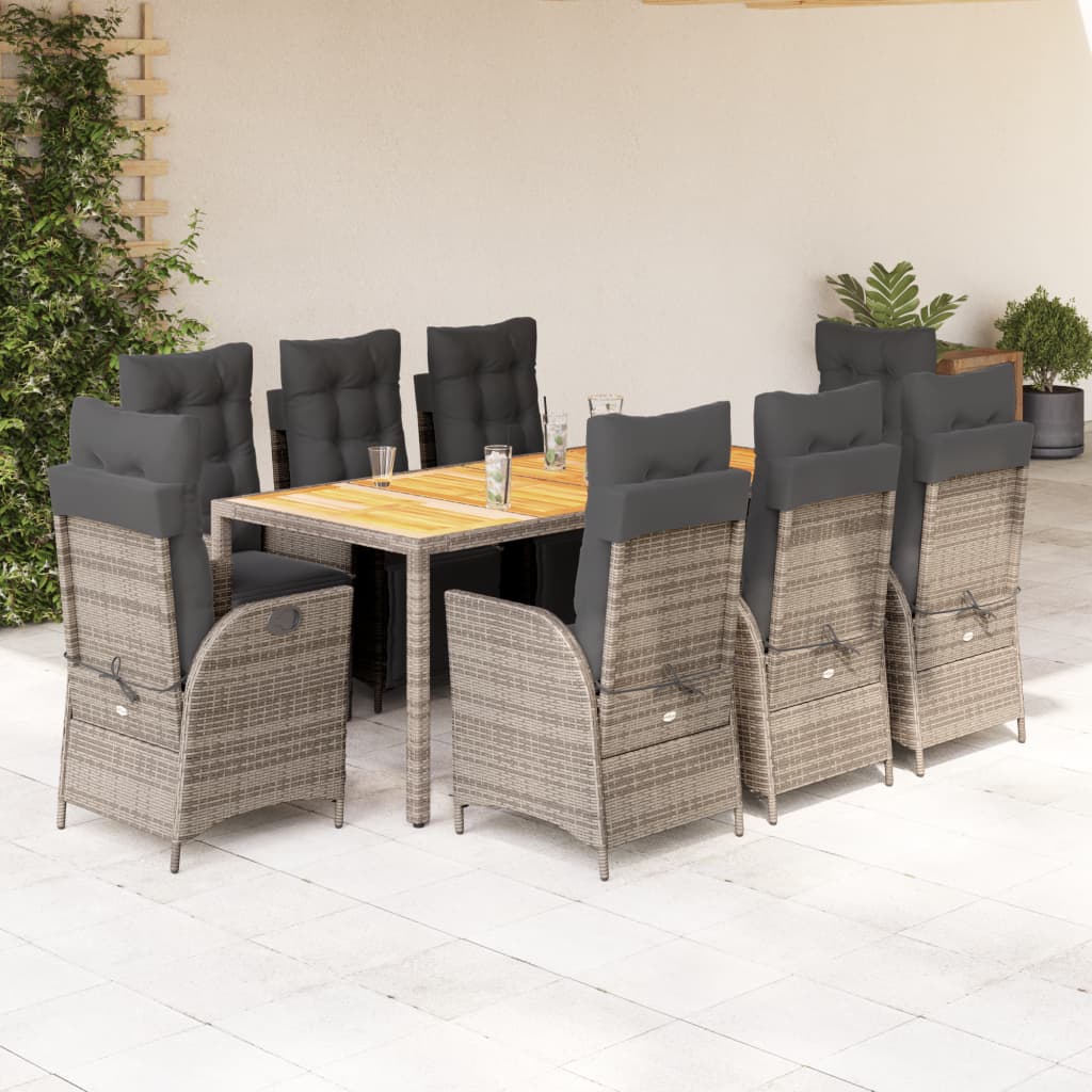JUNG Vida 9-tlg. Garten-Essgruppe mit Kissen Grau Poly Rattan