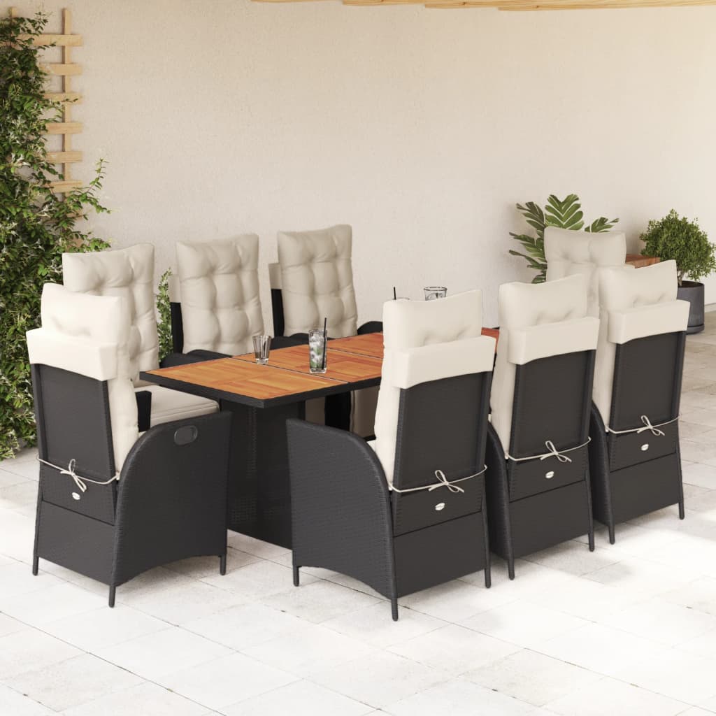 JUNG Vida 9-tlg. Garten-Essgruppe mit Kissen Schwarz Poly Rattan