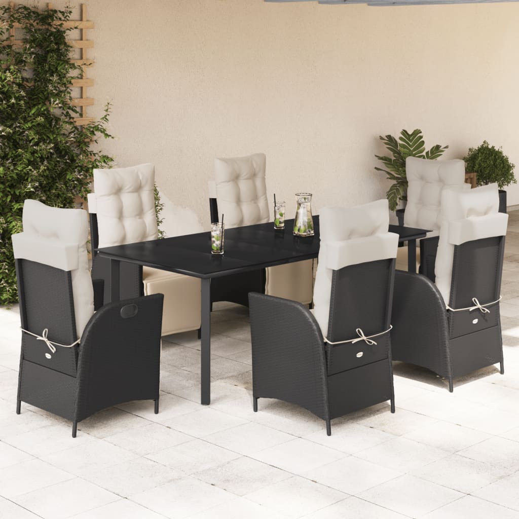 JUNG Vida 7-tlg. Garten-Essgruppe mit Kissen Schwarz Poly Rattan