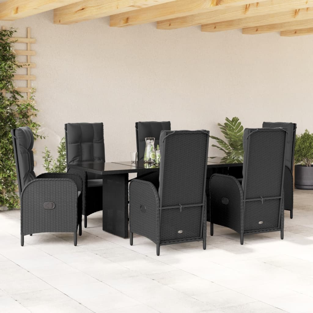 JUNG Vida 7-tlg. Garten-Essgruppe mit Kissen Schwarz Poly Rattan