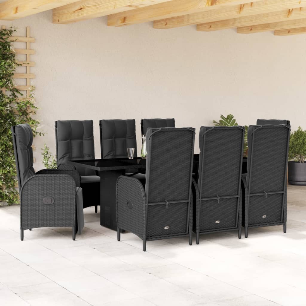 JUNG Vida 9-tlg. Garten-Essgruppe mit Kissen Schwarz Poly Rattan