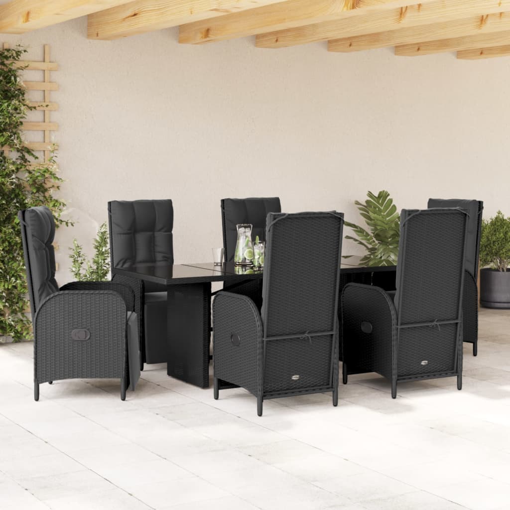 JUNG Vida 7-tlg. Garten-Essgruppe mit Kissen Schwarz Poly Rattan