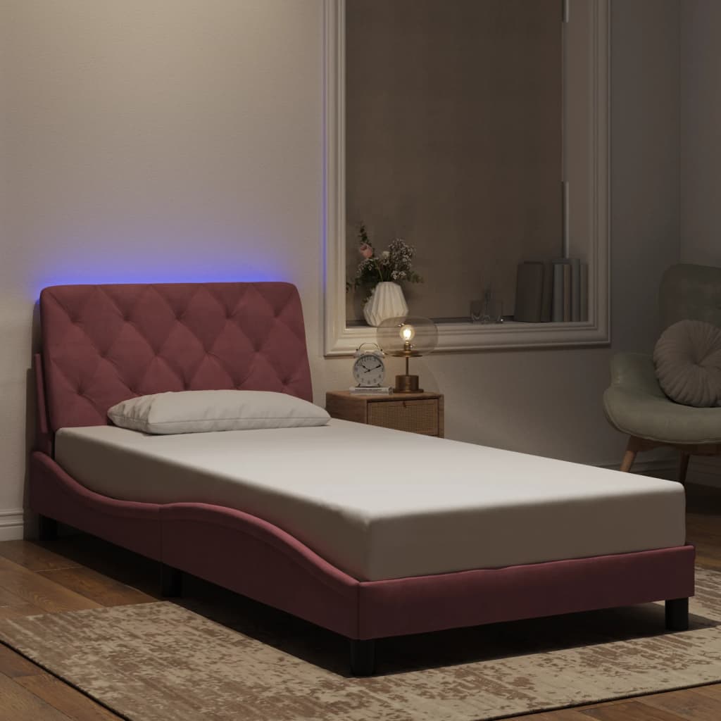 JUNG Vida Bettgestell mit LED ohne Matratze Rosa 100x200 cm Samt
