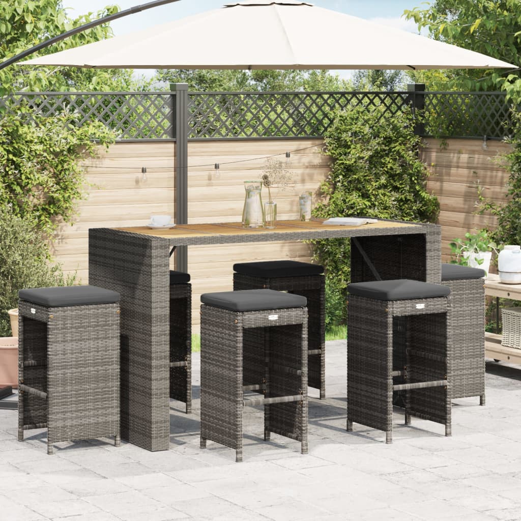 JUNG Vida Garten-Barhocker mit Kissen 6 Stk. Grau Poly Rattan