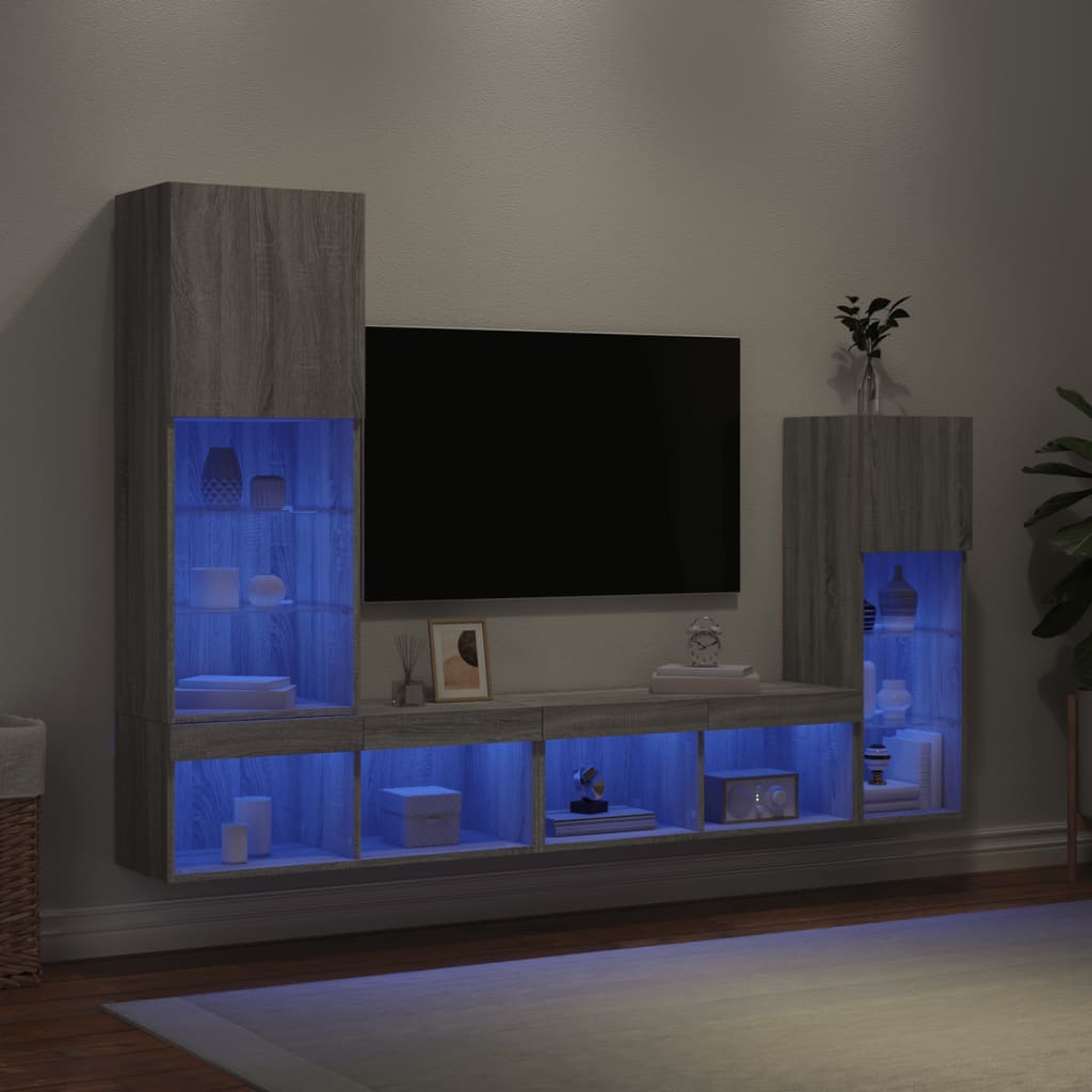JUNG Vida 4-tlg. Wohnwand mit LED-Beleuchtung Grau Sonoma Holzwerkstoff