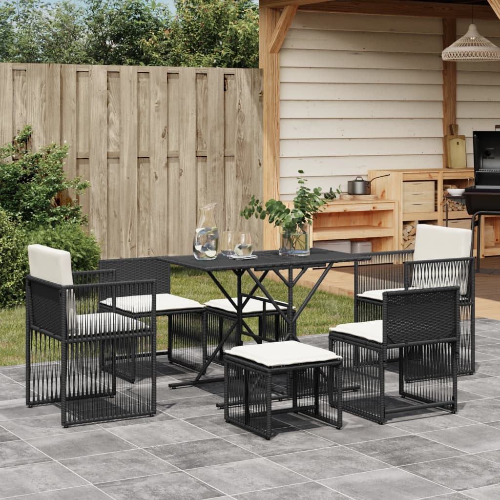JUNG Vida 7-tlg. Garten-Essgruppe mit Kissen Schwarz Poly Rattan