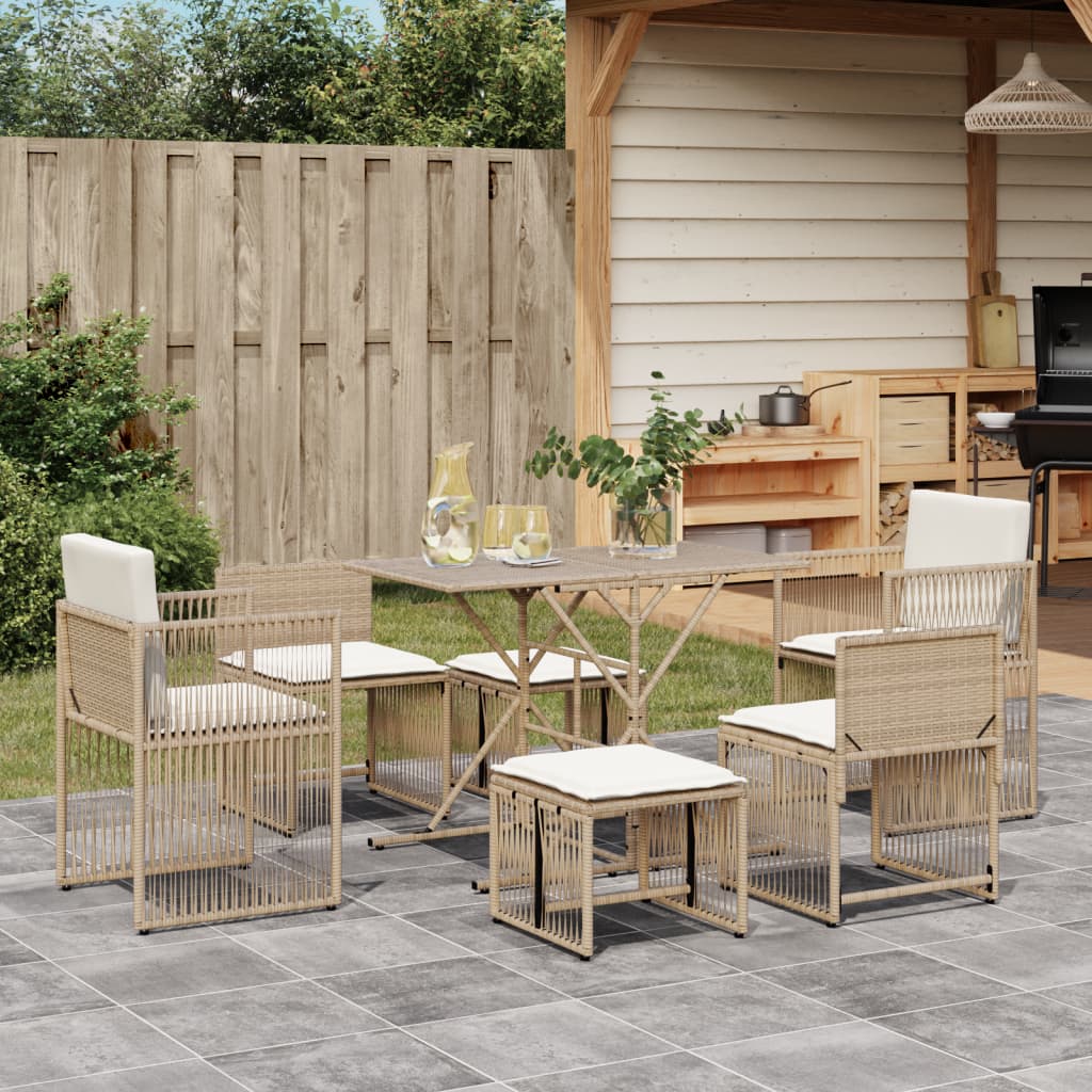 JUNG Vida 7-tlg. Garten-Essgruppe mit Kissen Beige Poly Rattan