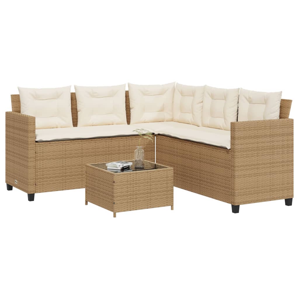 JUNG Vida Gartensofa in L-Form mit Tisch und Kissen Beige Poly Rattan