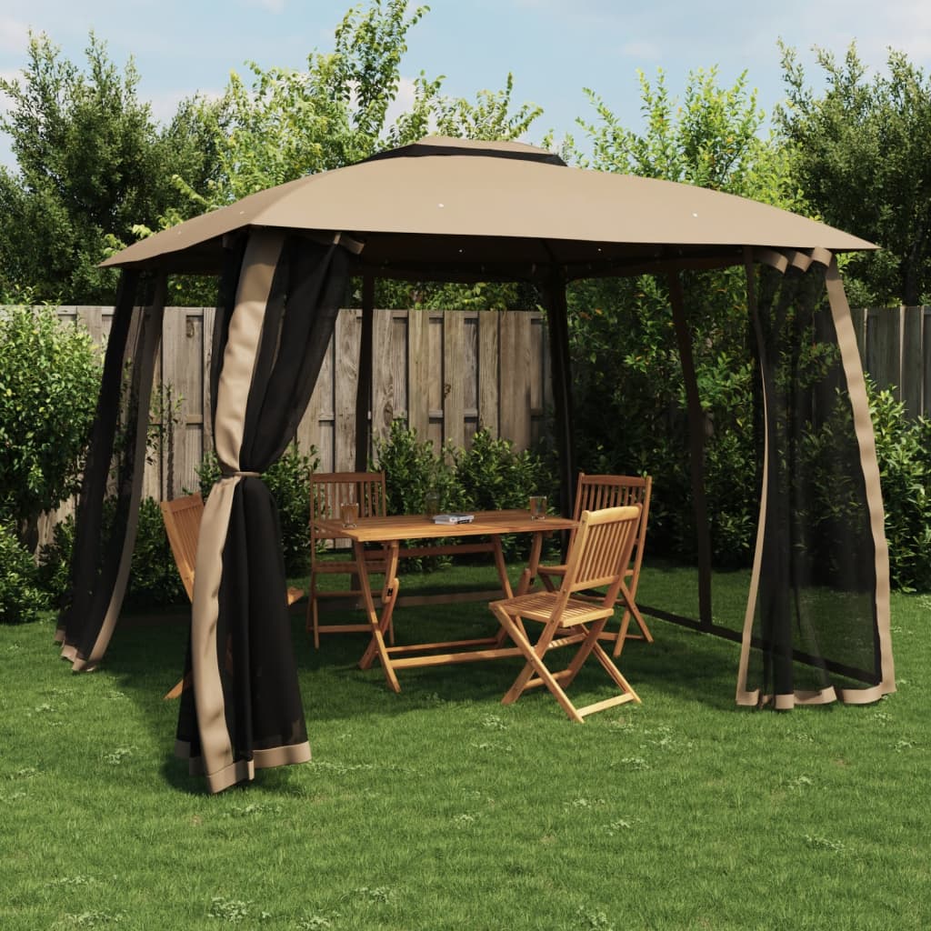 JUNG Vida Pavillon mit Doppeldach & Netzwänden Taupe 2,93x2,93 m Stahl