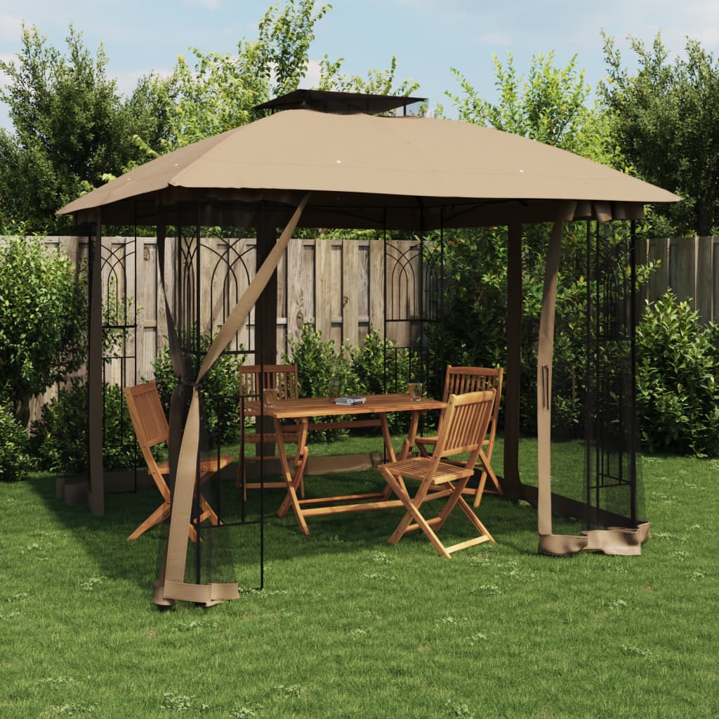 JUNG Vida Pavillon mit Doppeldach & Netzwänden Taupe 2,94x2,94 m Stahl