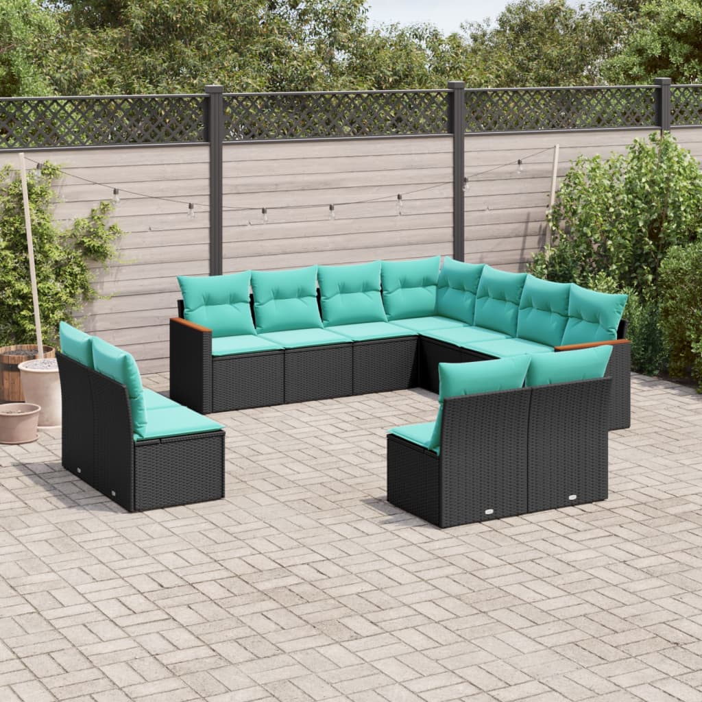 JUNG Vida 11-teiliges Gartensofa-Set mit Kissen, schwarzes Polyrattan