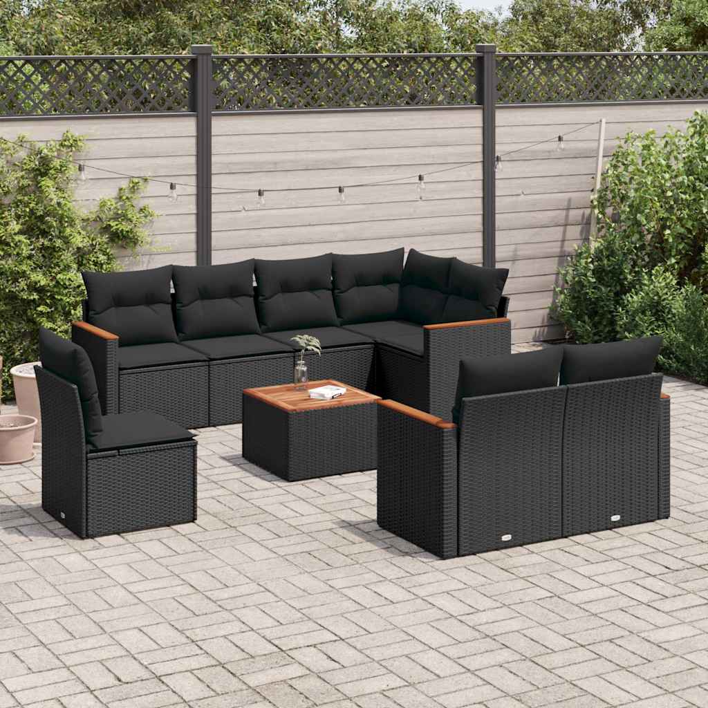 JUNG Vida 9-tlg. Garten-Sofagarnitur mit Kissen Schwarz Poly Rattan