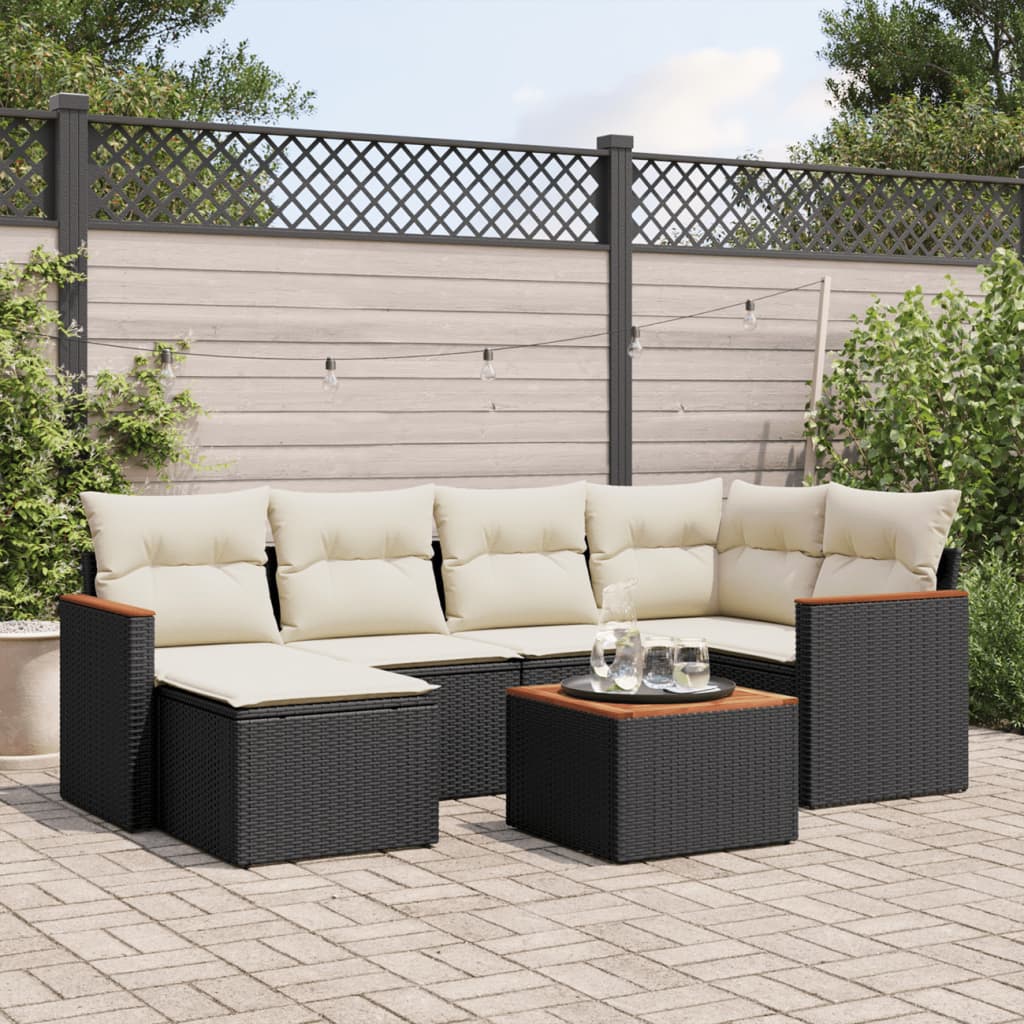 JUNG Vida 7-tlg. Garten-Sofagarnitur mit Kissen Schwarz Poly Rattan