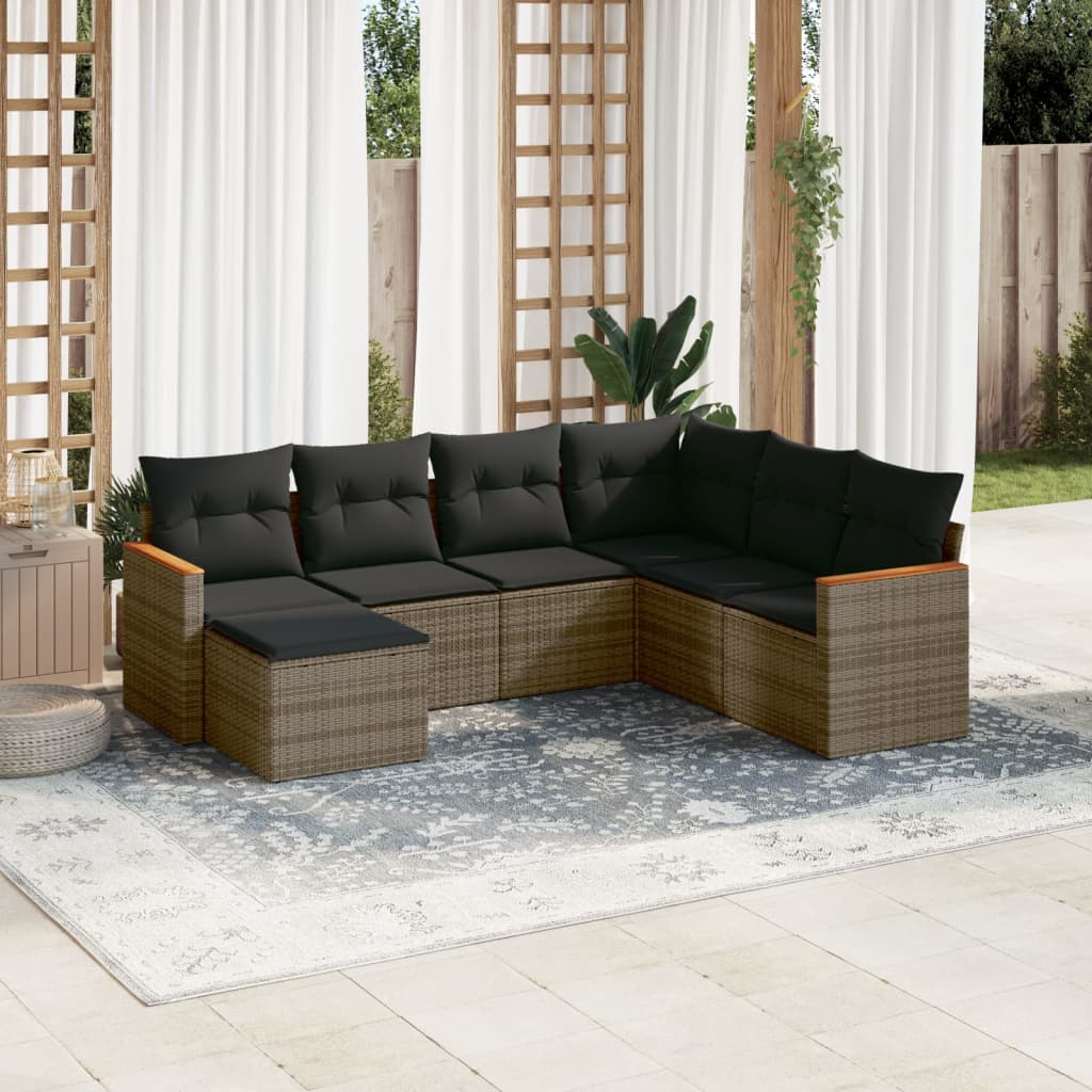 JUNG Vida 7-tlg. Garten-Sofagarnitur mit Kissen Grau Poly Rattan