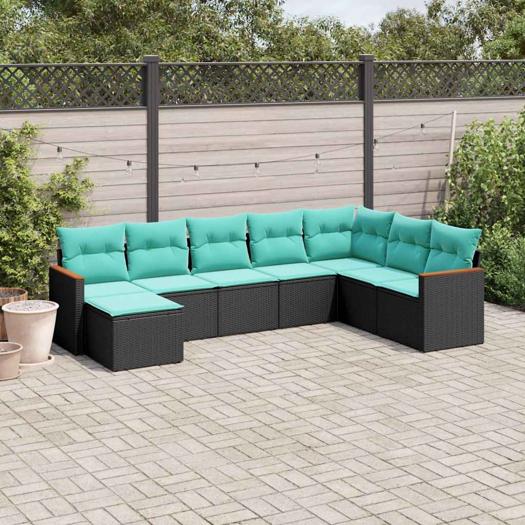 JUNG Vida 8-teiliges Gartensofa-Set mit Kissen, schwarzes Polyrattan