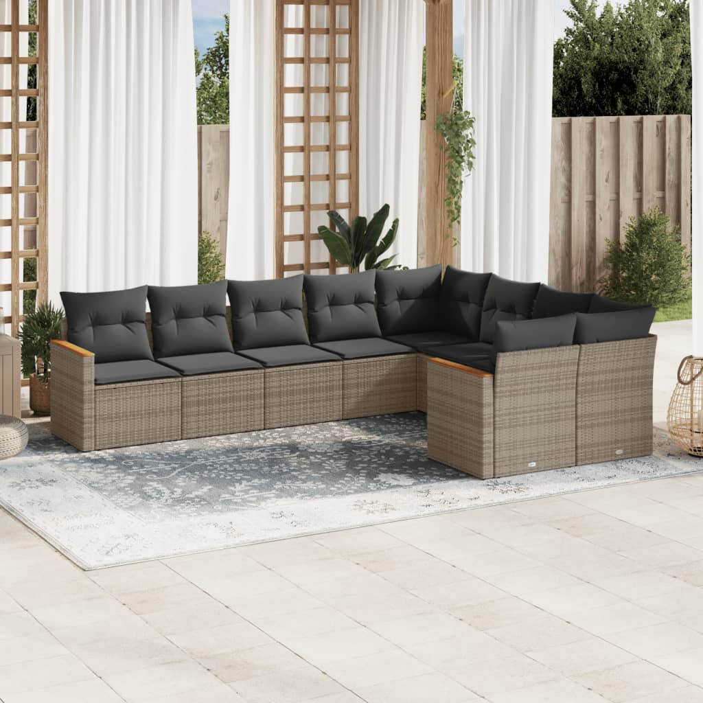 JUNG Vida 9-tlg. Garten-Sofagarnitur mit Kissen Grau Poly Rattan