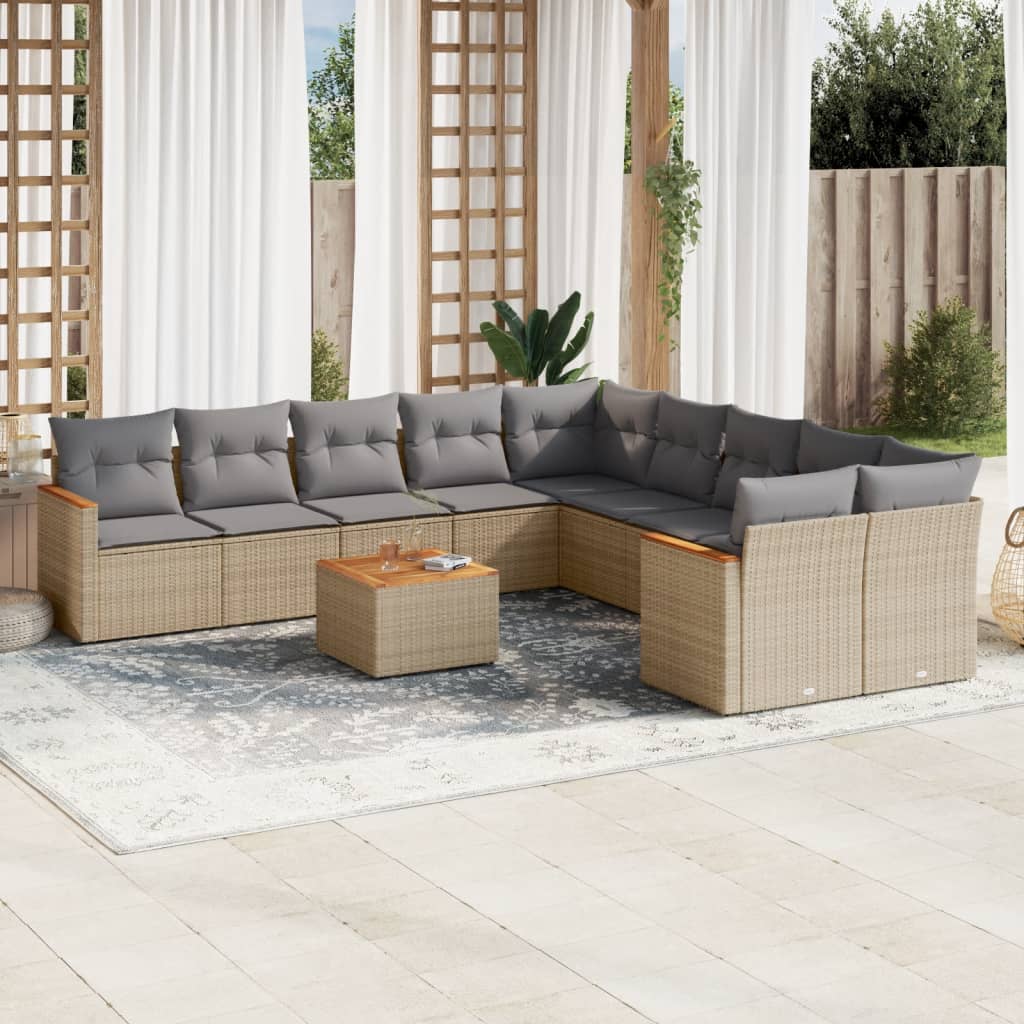 JUNG Vida 11-tlg. Garten-Sofagarnitur mit Kissen Beige Poly Rattan