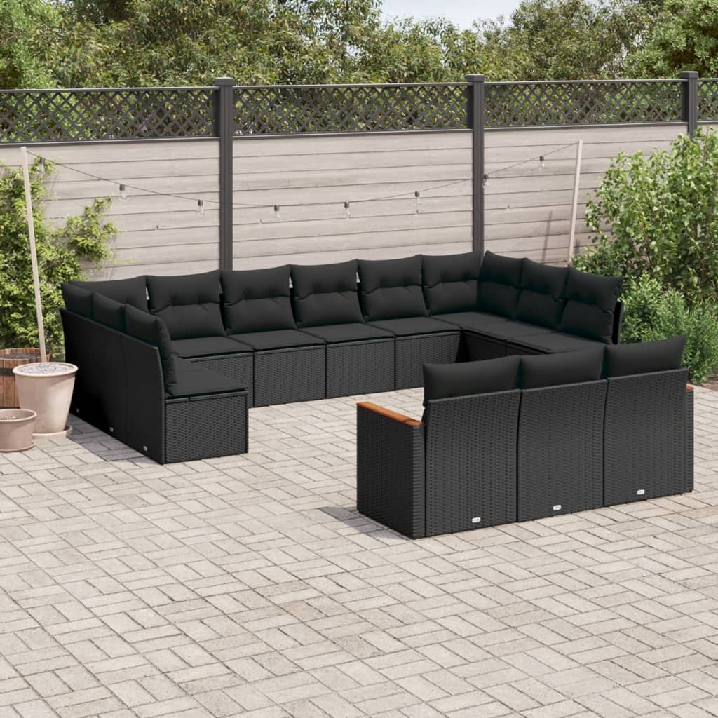 JUNG Vida 13-tlg. Garten-Sofagarnitur mit Kissen Schwarz Poly Rattan