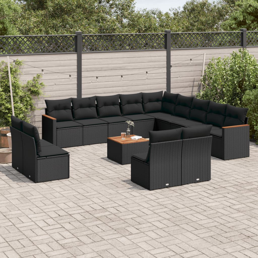 JUNG Vida 14-tlg. Garten-Sofagarnitur mit Kissen Schwarz Poly Rattan